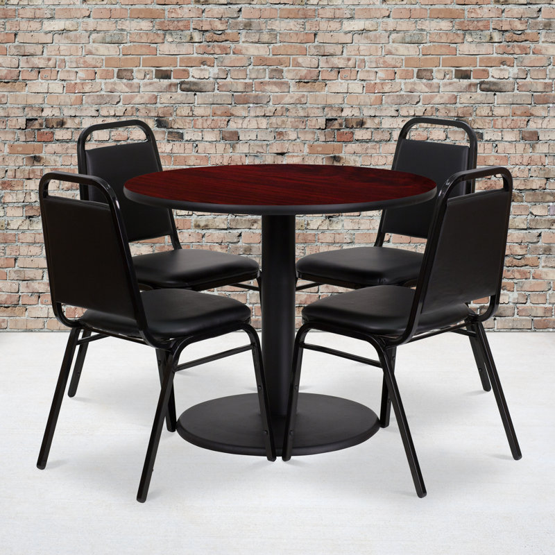 Nicklas 36'' Round Table Set with Round Base and 4 Trapezoidal Back Banquet Chairs, Black