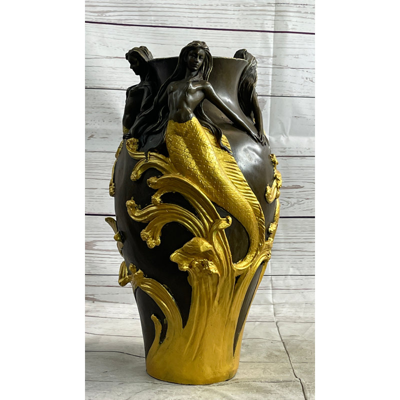Statue de sirène nue sur vase en métal bronze sculpture statue urne signée Milo