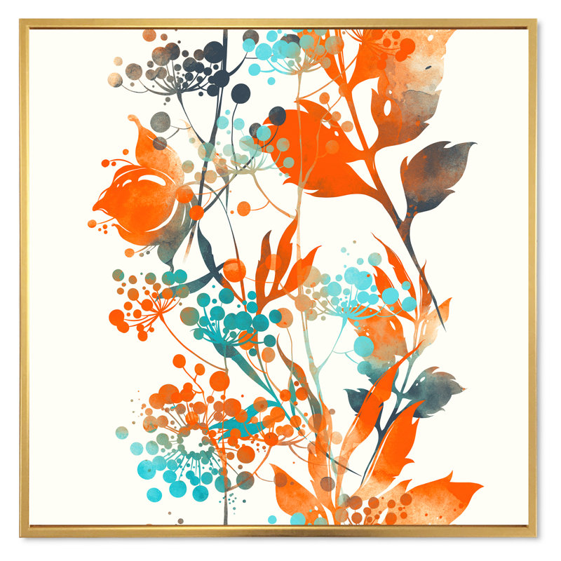Fleurs vertes et orange III - Peinture sur toile, H 16 po x l 16 po x P 1 po, Cadre flottant doré