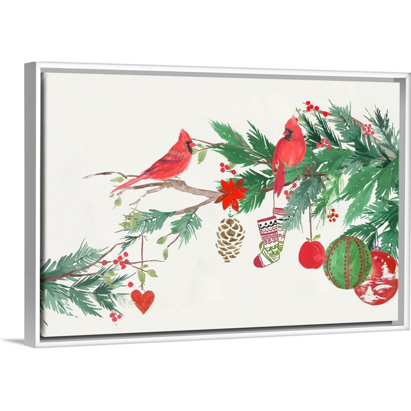 Oiseaux de Noël I - reproduction d'art sur toile, Cadre blanc, H 14 po x l 20 po x P 1,75 po