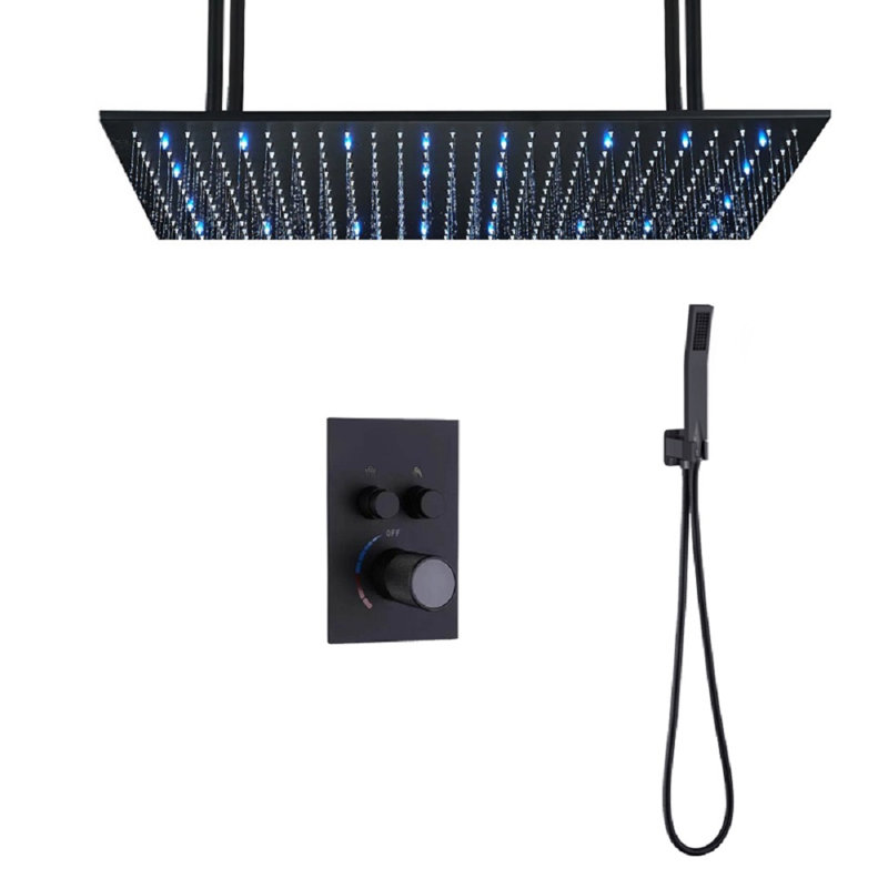 Tête de douche BathSelect Ivrea noir mat 20 40 avec ensemble de douche thermostatique encastré 2 voies et douche à main