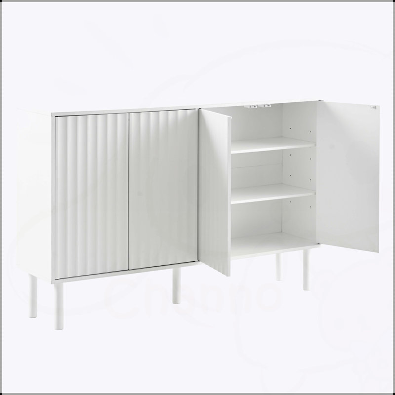 Armoire à chaussures minimaliste avec 5 pieds en bois massif, portes cannelées et tablettes réglables pour un rangement polyvalent dans les salons