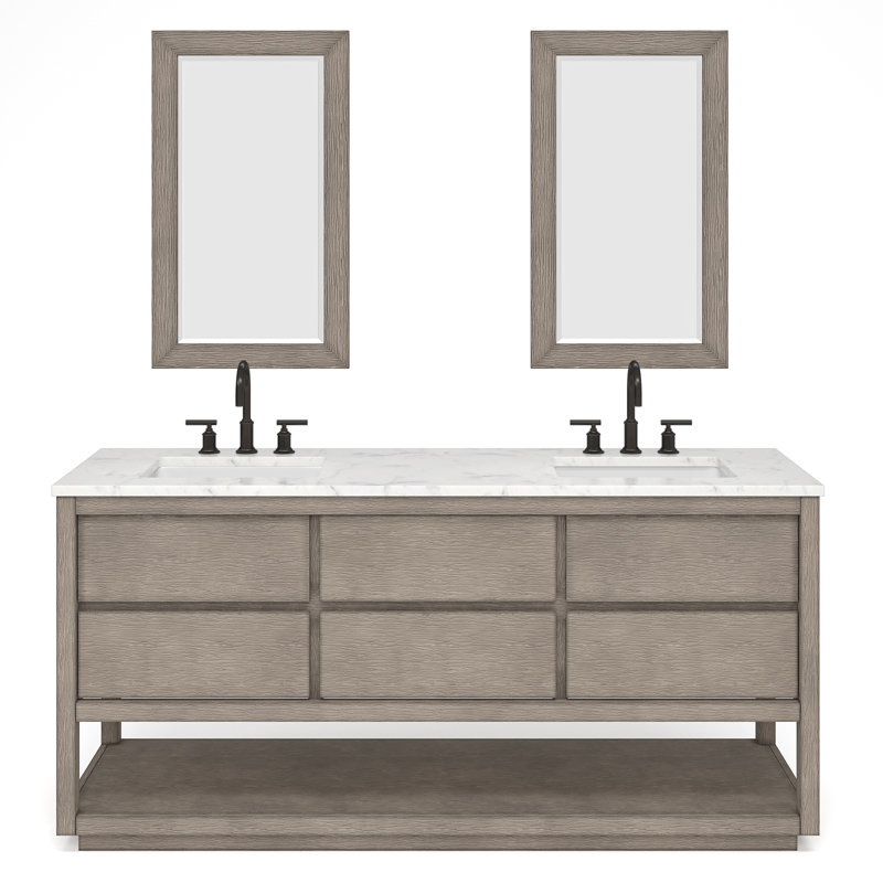 Oakman 72 In. Double Sink Carrara White Marble Countertop Bath Vanity In Grey Oak With Gold Faucets And Rectangular Mirrors