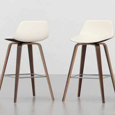2 tabourets de bar / de comptoir - siège crème avec placage brun, repose-pieds, pièce de mobilier de salle à manger, 2 sièges de style Mid-Century moderne, repose-pieds, structure