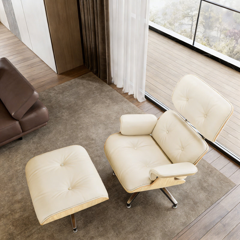 Mid Century Genuine Leather Lounge Chair With Ottoman, Solid Wood Frame, Strong Aluminum Legs, Memory Foam