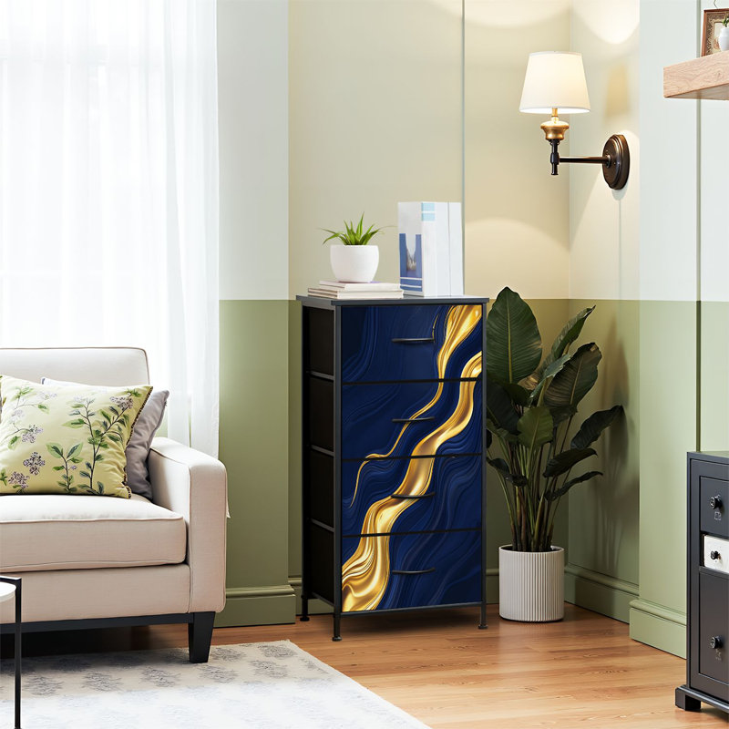 Commode pour commode de chambre à coucher pour commode de luxe en marbre bleu doré à texture abstraite bleu indigo marbré Commodes et commodes de rangement en tissu avec bacs de rangement à 4 tiroirs