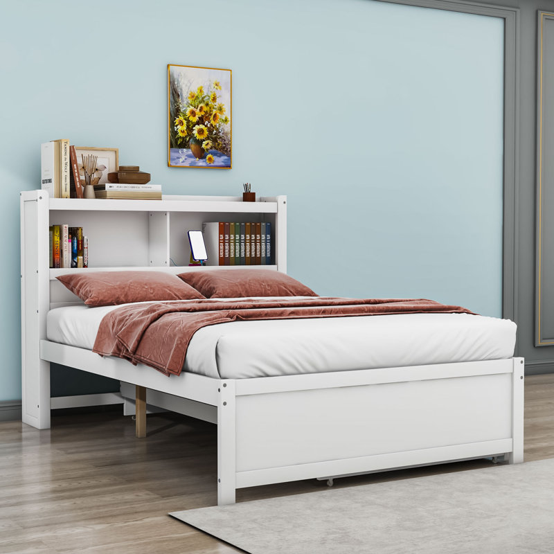 Lit plateforme moderne Dylahn avec lit gigogne simple, tiroirs et ports USB, Blanc