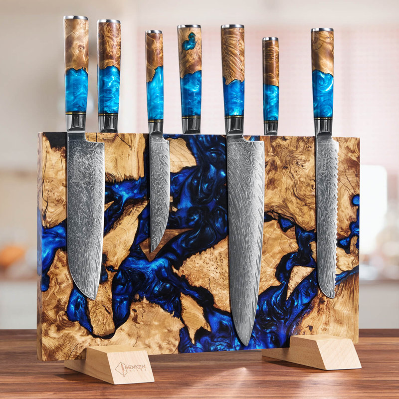 Très grand bloc à couteaux magnétique - mélange de résine et de bois de ronce bleu foncé - Collection «Dark Tsunami»