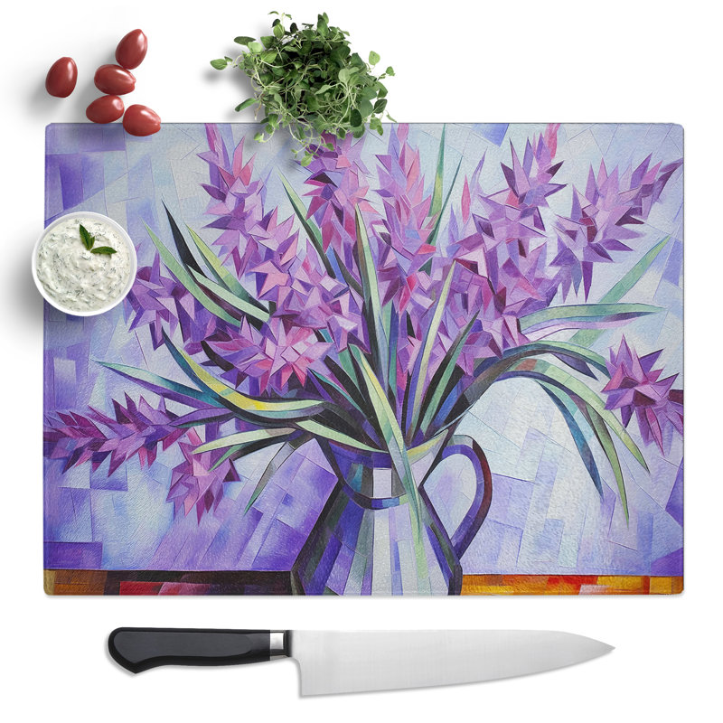 Lavender Flower Cubism No.3  Glass Chopping Board