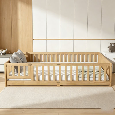 Floor Bed With Fence And Door,Rubber Wood Floor Bed With Safety Guardrails