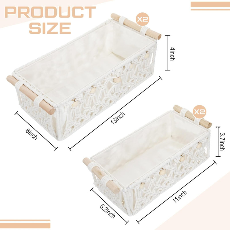 4 paniers de rangement en macramé blanc avec poignée en bois 4 pièces