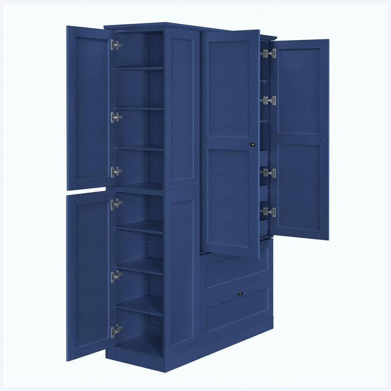 Grand garde-manger de style campagnard de 73,6 po, armoire de rangement autoportante bleue avec 7 tablettes, 2 tiroirs, 3 plateaux coulissants et armoires latérales pour la cuisine, la salle à manger
