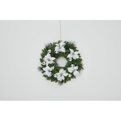 24" Pre-Lit Artificial Christmas Wreath with 50 Warm White LED Lights, Frosted Pine Cone & Berry Winter Garland for Front Door Indoor Outdoor Decor