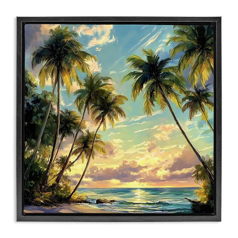 Sunset On The Beach Palms  Floater Canvas Wall Art, design by LSR Creative Studio, Jet Black Floater Frame, 18" H x 18" W