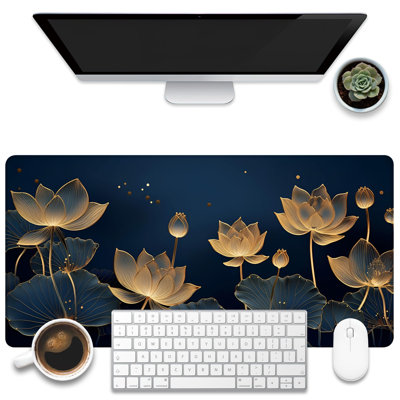 Desk Pad,Luxury Golden Lotus Line Arts Desk Mat,Dark Blue Background Large Gaming Mouse Pad for Desk, Extended Big Computer Keyboard Mouse Pad with Non-Slip Base and Stitched Edge, 15.7 x 35.4 inComes with a pure white mug as a gift