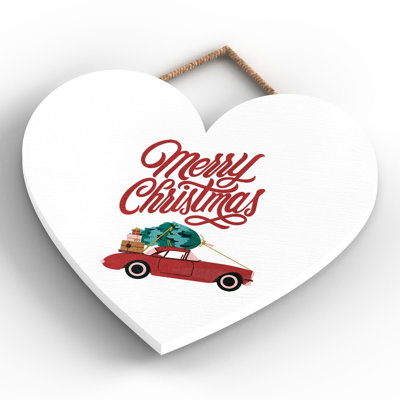 Xmas Merry Christmas Car Wooden Heart Plaque