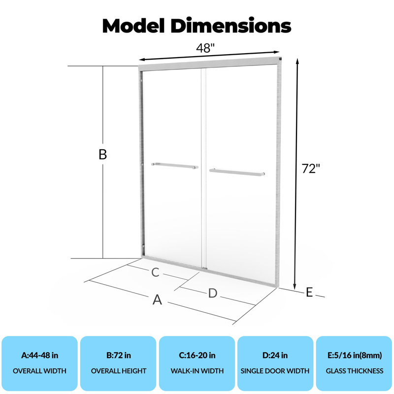 Modern Semi-Frameless Pivot & Double Sliding Shower Door, 44-48" W x 72" H, 6-8mm Clear SGCC Tempered Glass with Explosion-Proof Film, Reversible Installation, Stainless Steel Handles, Matte Black & Brushed Nickel Options