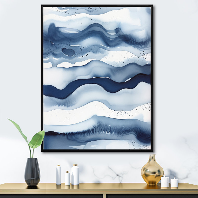 Art abstrait sur toile, vagues bleues classiques III, Cadre flottant noir, H 20 po x l 12 po x P 1 po