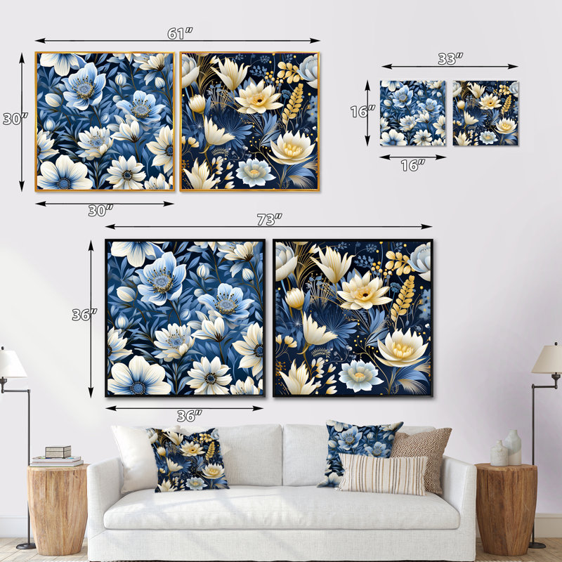 Polster - Ensemble de 2 collages floraux carrés, Cadre flottant noir, H 30 po x l 61 po