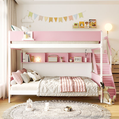 Twin over Full Bunk Bed with Staircase and Side Shelves, Striped Design, Pink