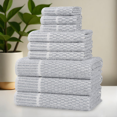 Blue Nile Mills 9-Piece Viscose Cotton Blend Towel Set - Checkered Texture - Quick-Dry, Fade-Resistant