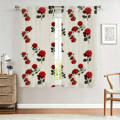 2Pcs Red Rose Floral Curtains, Light Filtering Fabric, Vintage Botanical Print Pattern, Sunshade and Privacy Protection, Rod-Pocket Design, Suitable for Living Room, Bedroom, Balcony, Kitchen Home Decoration