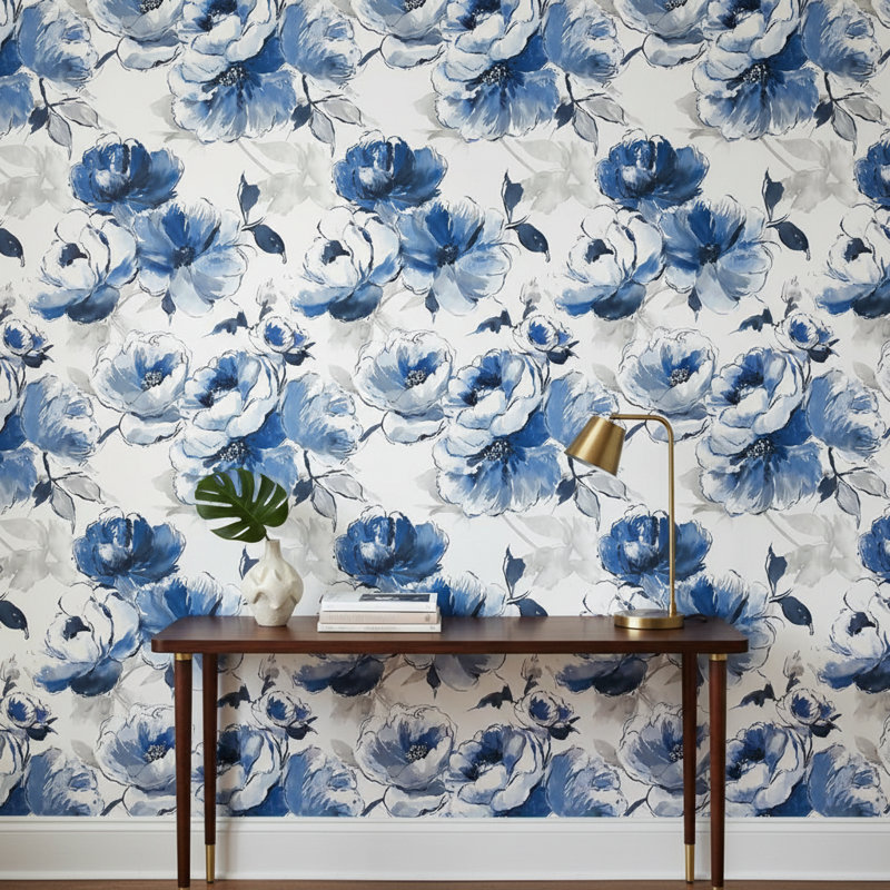 Papier peint floral amovible fond blanc