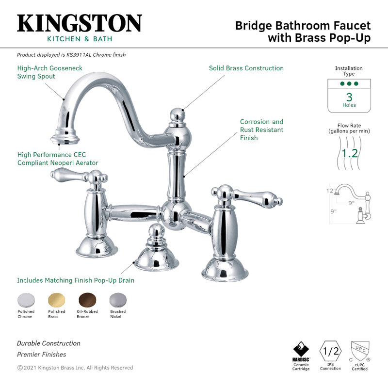Kingston Brass Restoration Two-Handle 3-Hole Deck Mount Bridge Bathroom Faucet with Brass Pop-Up, Oil Rubbed Bronze
