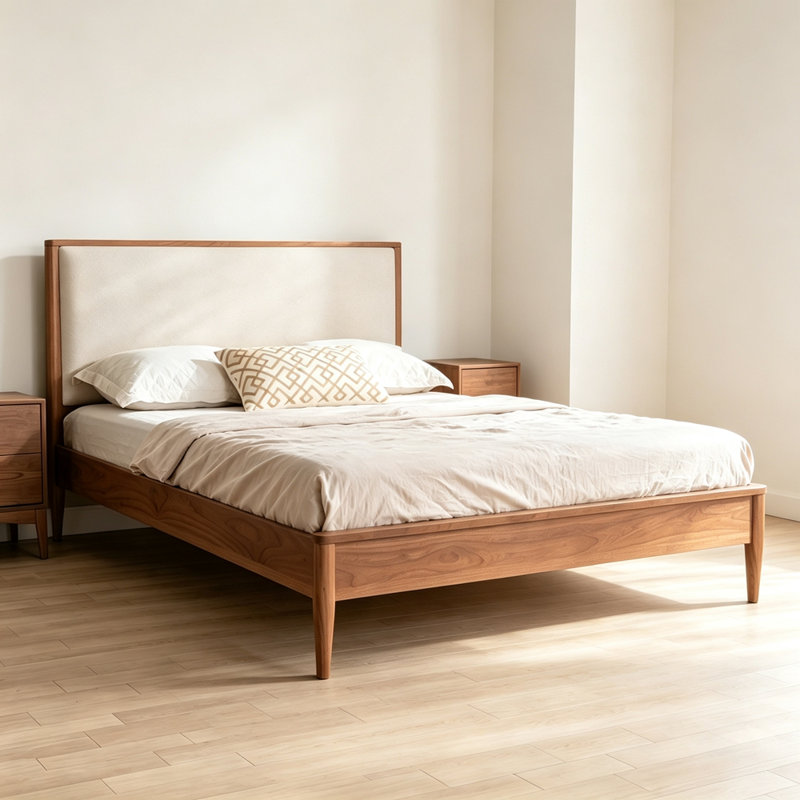 Lit plateforme de style Mid-Century moderne avec pieds fuselés, base de lit en bois massif grand lit, lit avec tête de lit tapissier Boucle, support de lattes en bois durable, aucun sommier nécessaire