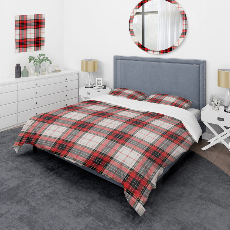 Tartan à carreaux blanc et rouge - Ensemble de housse de couette abstrait - Microfibre de polyester