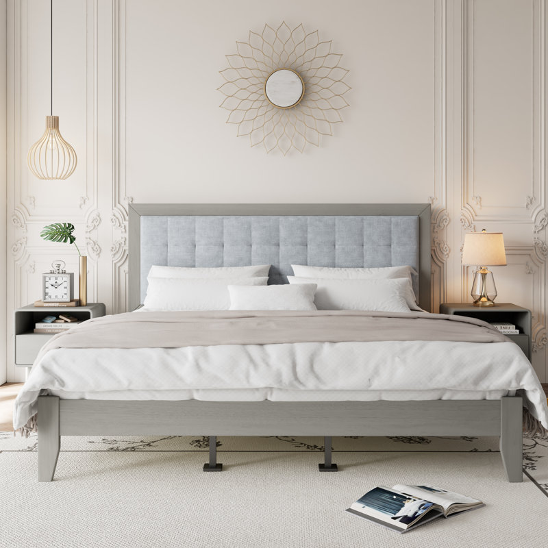 Solid Wood Platform Upholstered Headboard King Bed