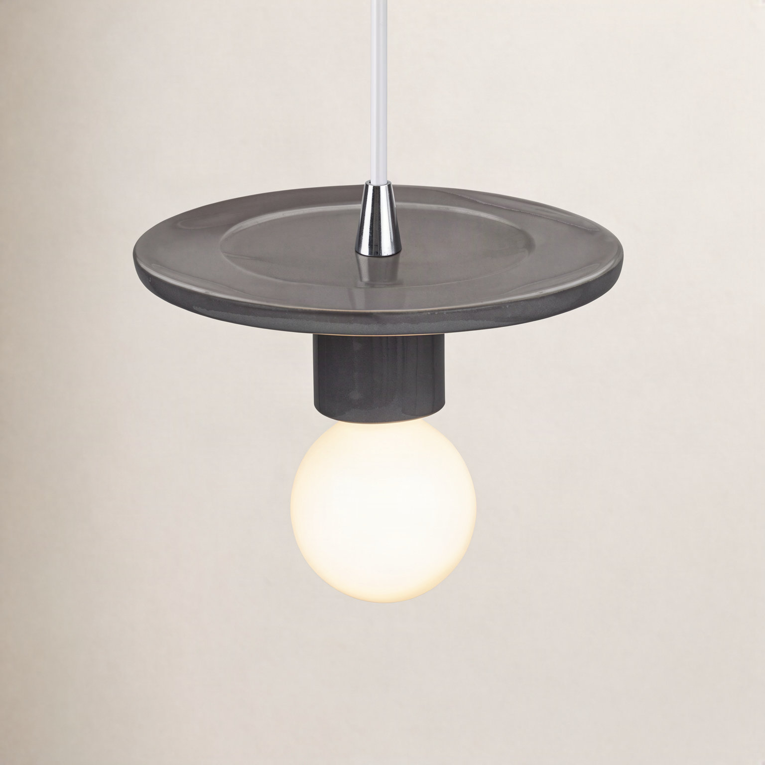 Leni Single Light Ceramic Dimmable Pendant, Gloss Gray, Polished Chrome