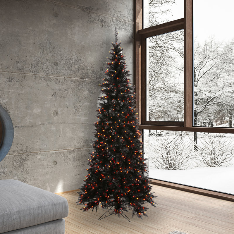 Slim Black Fir Artificial Christmas Tree with LED Orange Lights with Stand, 7.5' H x 40" W