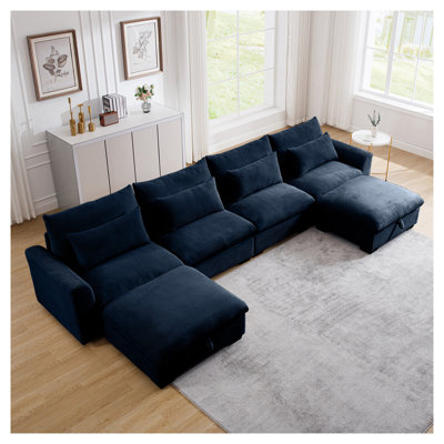 Canapé modulaire en U bleu, siège profond modulaire 4 places avec repose-pieds et coussins de taille en velours côtelé bleu