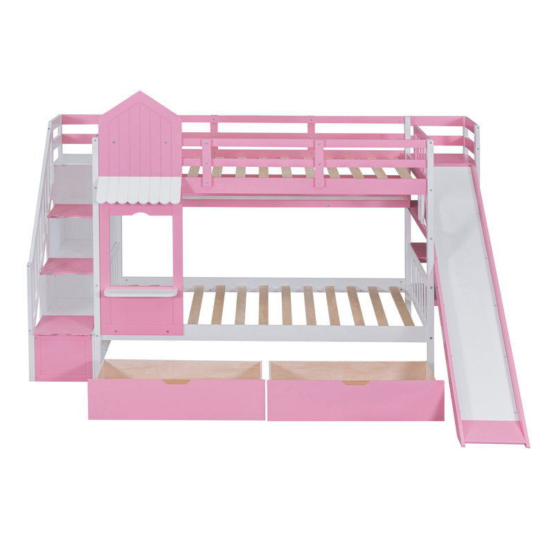 Hatina Kids Castle Style Storage Bunk Bed with Slide and Stairs, Pink, Twin over Twin