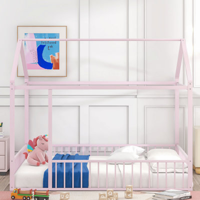 Lit double pleine grandeur en métal avec clôture décorative rose - crée un espace de sommeil charmant et rehausse le décor