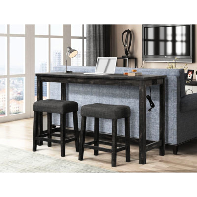 Table de salle à manger 3 pièces pour comptoir - table en bois massif avec prises électriques et ports, sièges, noir anthracite, look rustique et transitionnel, table de 60 pouces, sièges 2, rectangulaire, style design, 2