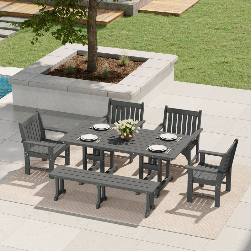 Laguna Poly 6-Piece Rectangular Table Garden Arm Chair Dining Set With Bench, Gray