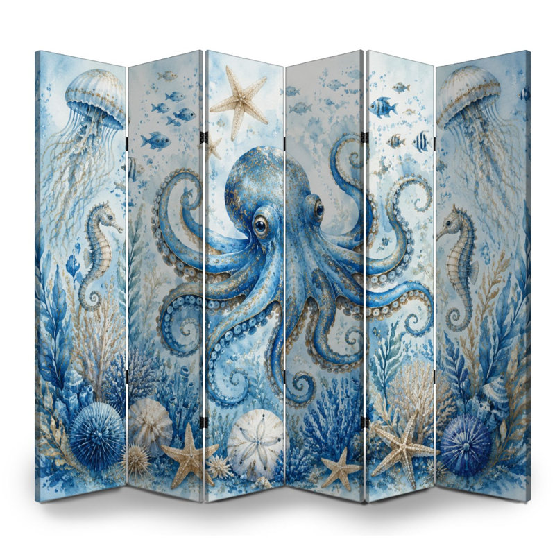 Cloison pliante 6 panneaux paravent sous-marin Royal Octopus Marine Creatures, 6, 71" H x 96" W x 1" D