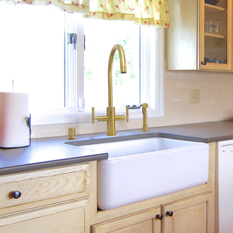 Double Handle Kitchen Faucet With Side Spray, Brushed Gold