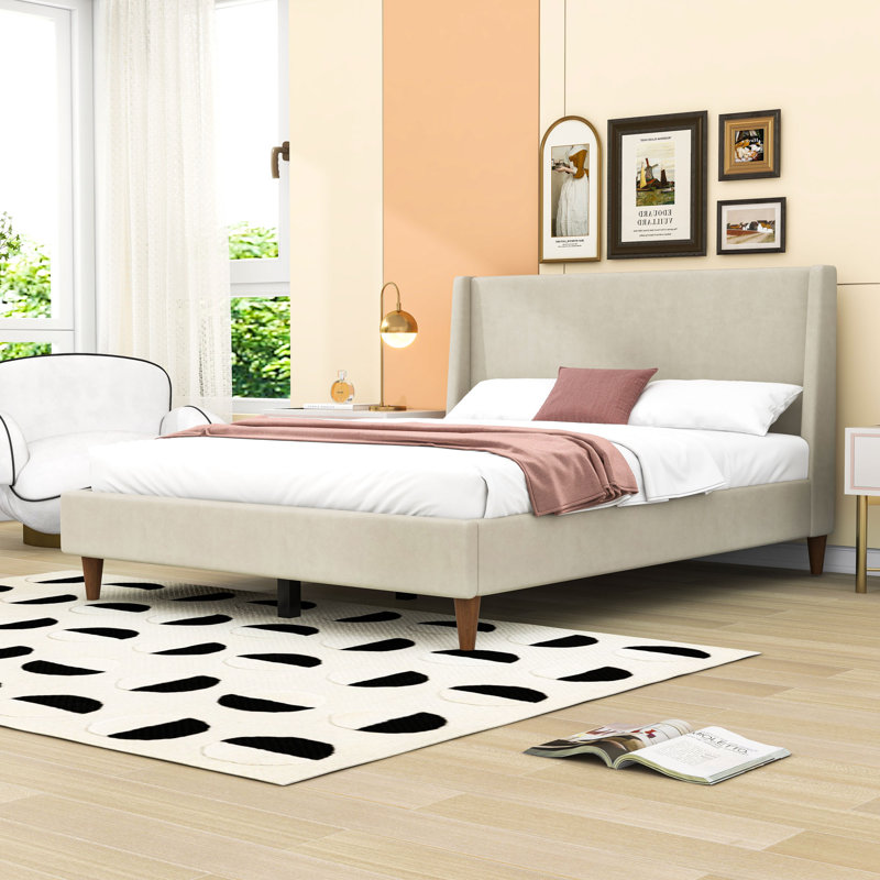 Lit plateforme tapissier avec tête de lit à oreilles et pieds centraux, Grand lit, White
