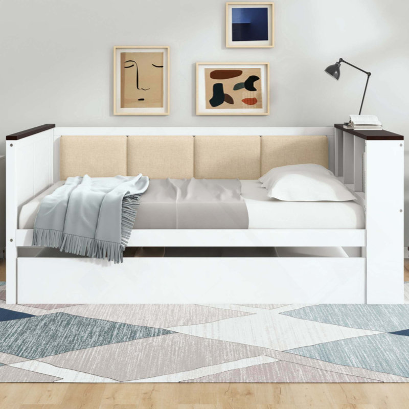 Wood Daybed With Storage Shelves, Upholstered Backrest,USB And Trundle, Full
