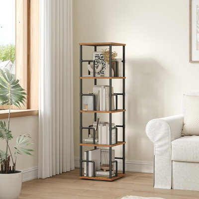 4-Tier Rotating Bookshelf, Freestanding Corner Bookshelf, 360° Spinning Bookcase, Industrial Style Storage Rack With Rails, For Living Room