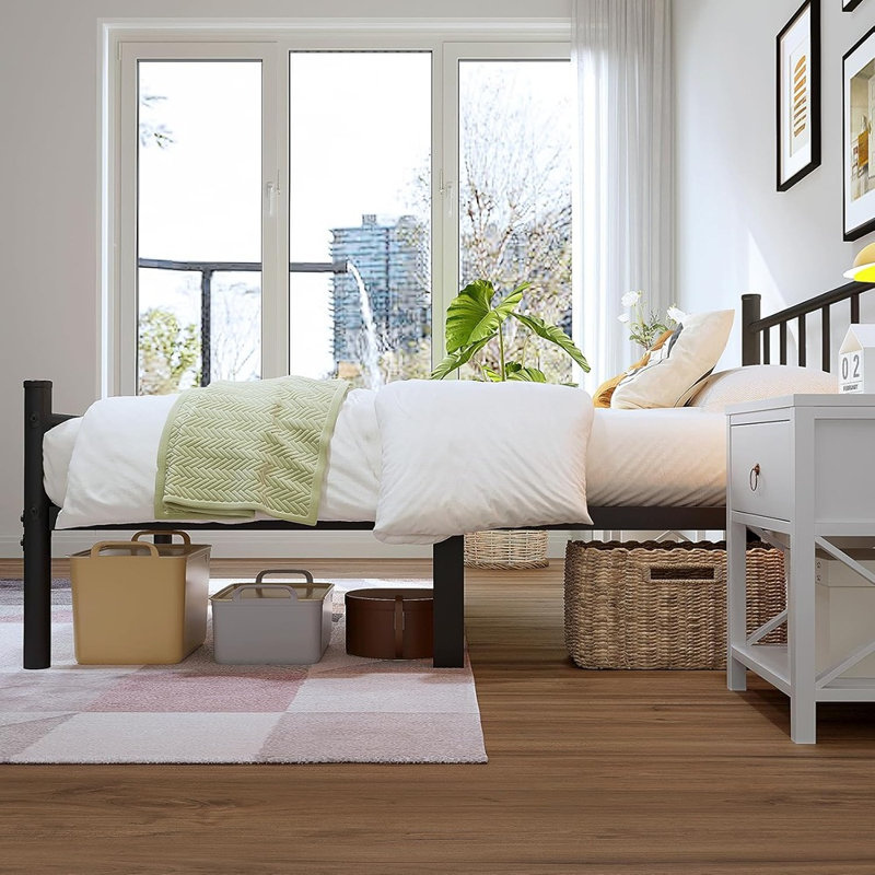 Base de lit en métal avec tête et pied de lit, sommier plateforme avec support en lattes d'acier, rangement sous le lit, aucun sommier nécessaire