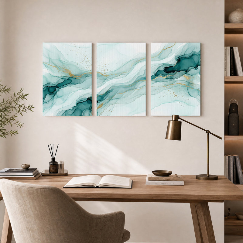 Sarcelle et or, art abstrait sur toile, ensemble de 3 toiles, H 36 po x l 24 po x 3 pièces