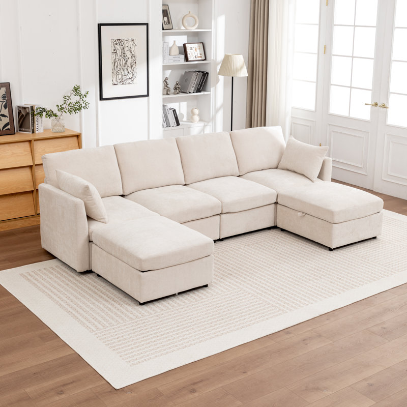 Canapé modulaire en U avec repose-pieds 6 pièces Wilroy, Beige