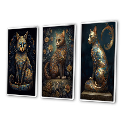 Blue Glamorous Retro Gold Cat - Animals Cat Art Set Of 3 Pieces