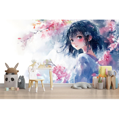 Romantic Floral Girl Wallpaper – Dreamy Anime-Inspired Mural With Cherry Blossoms – Pastel Watercolor Wall Art