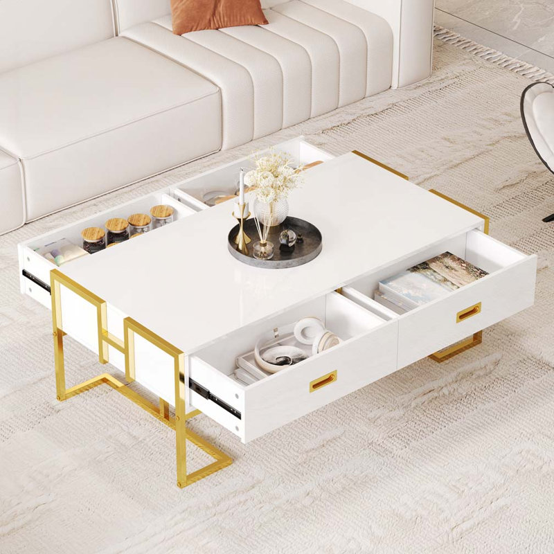 Table basse rectangulaire à 4 tiroirs et base dorée, Blanc