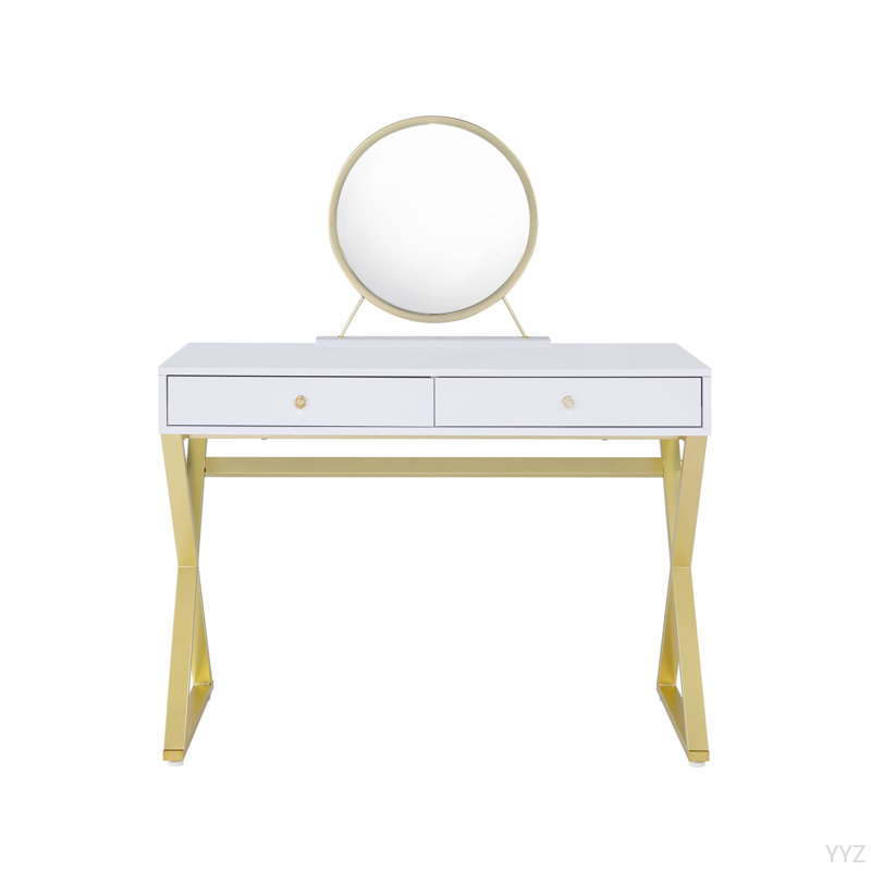 Bureau de coiffeuse à finition dorée avec miroir et plateau à bijoux